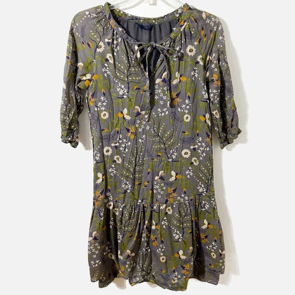 Gap Boho Cottagecore Floral Cotton Mini Dress 3/4 Sleeves Double Tiered Hem